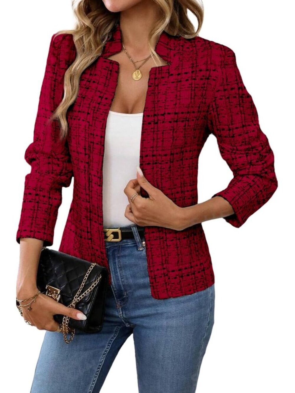 〽️Women's Red Tweed Open Front Long Sleeve Notch Collar Casual Business Blazer